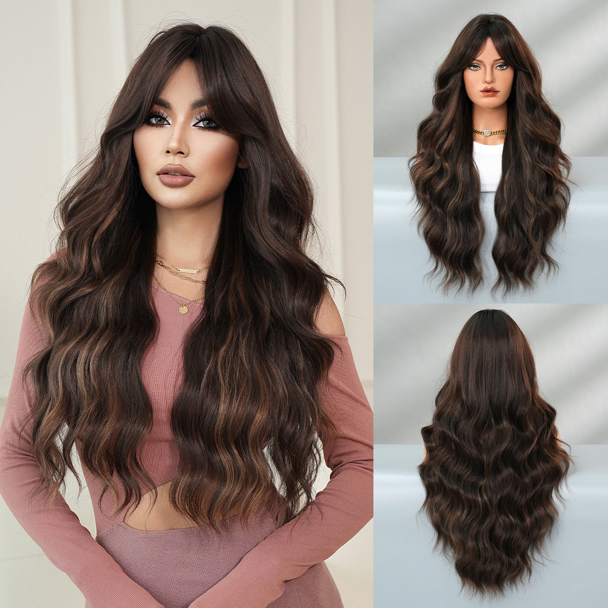 Light Gray Coffee Brown Gold Highlight Wavy Wig - Street Fashion (Curtain Bangs) (FEVERCOS)