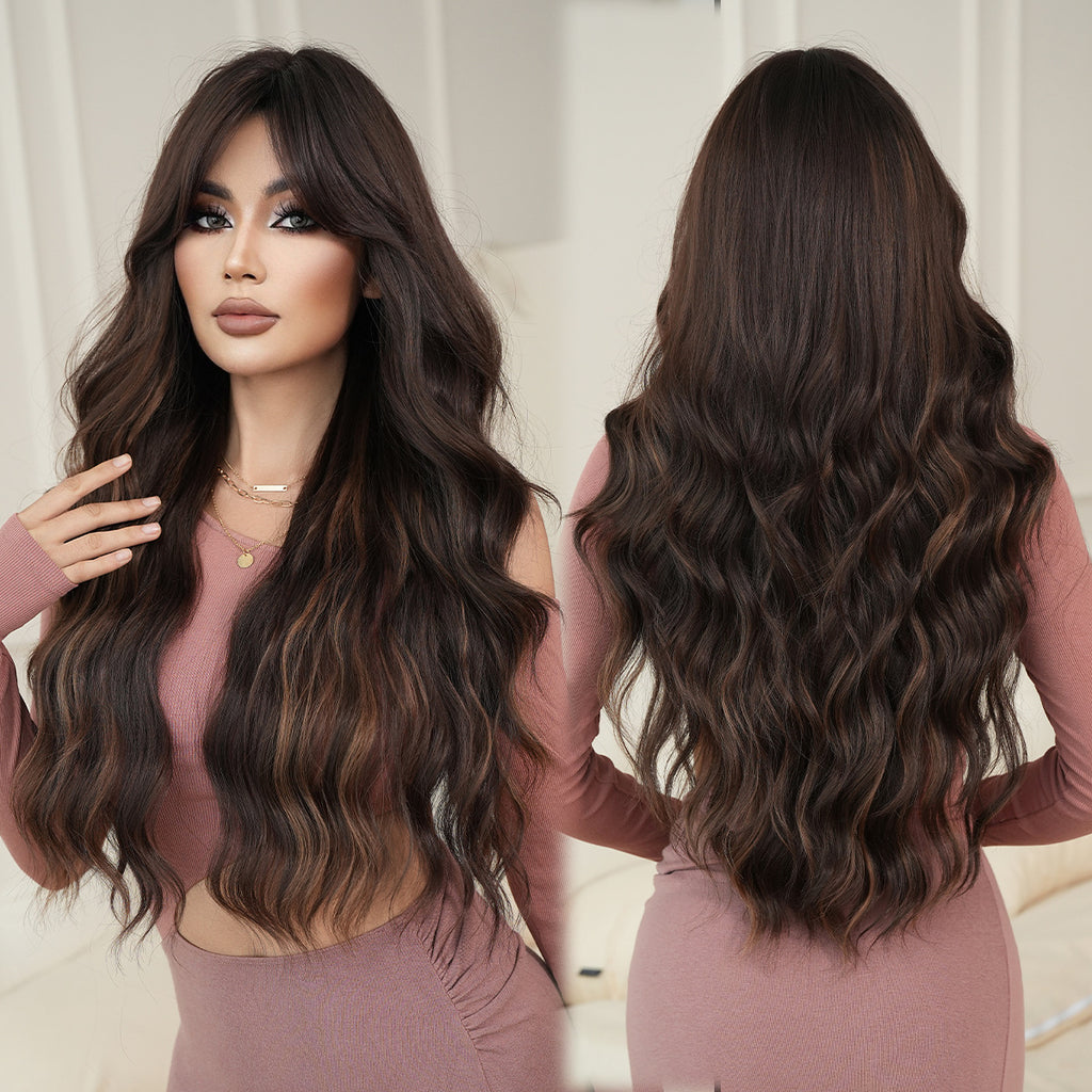 Dark Slate Gray Coffee Brown Gold Highlight Wavy Wig - Street Fashion (Curtain Bangs) (FEVERCOS)