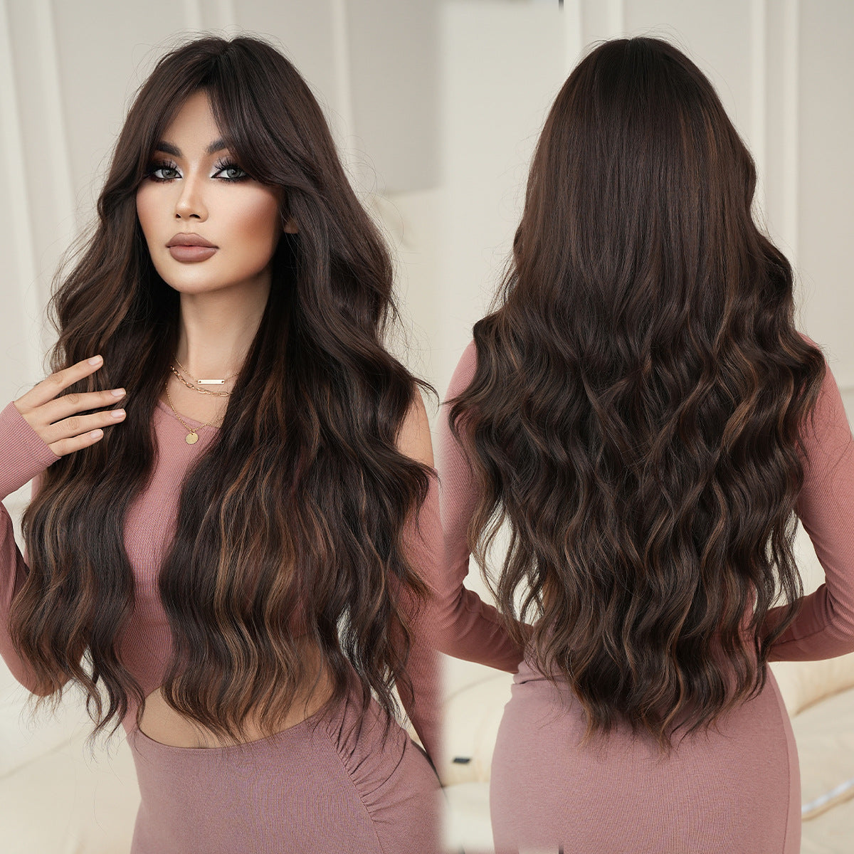 Dark Slate Gray Coffee Brown Gold Highlight Wavy Wig - Street Fashion (Curtain Bangs) (FEVERCOS)