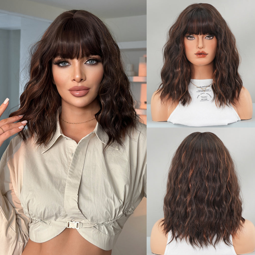 Dark Slate Gray Dark Brown Retro Bob Wig - Vintage Collection (Collarbone Curly Bangs) (FEVERCOS)
