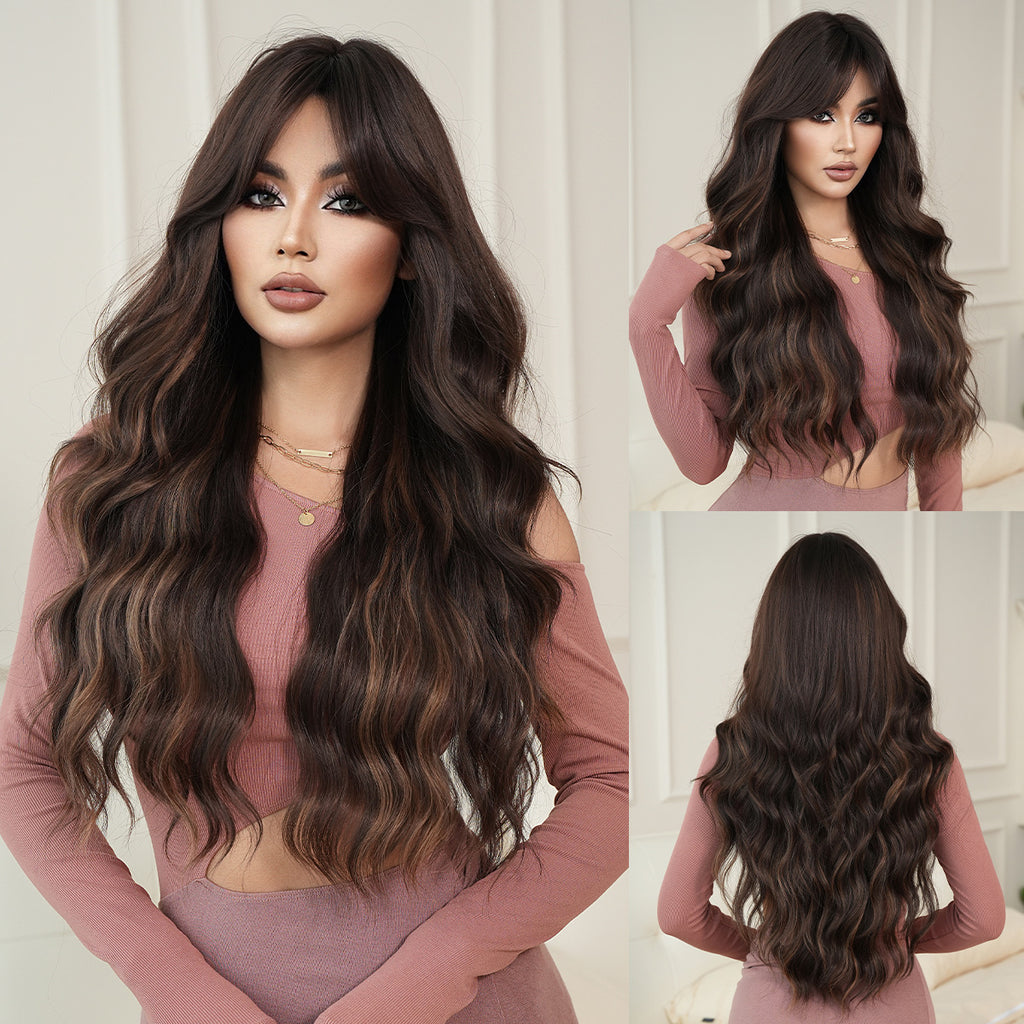 Light Gray Coffee Brown Gold Highlight Wavy Wig - Street Fashion (Curtain Bangs) (FEVERCOS)