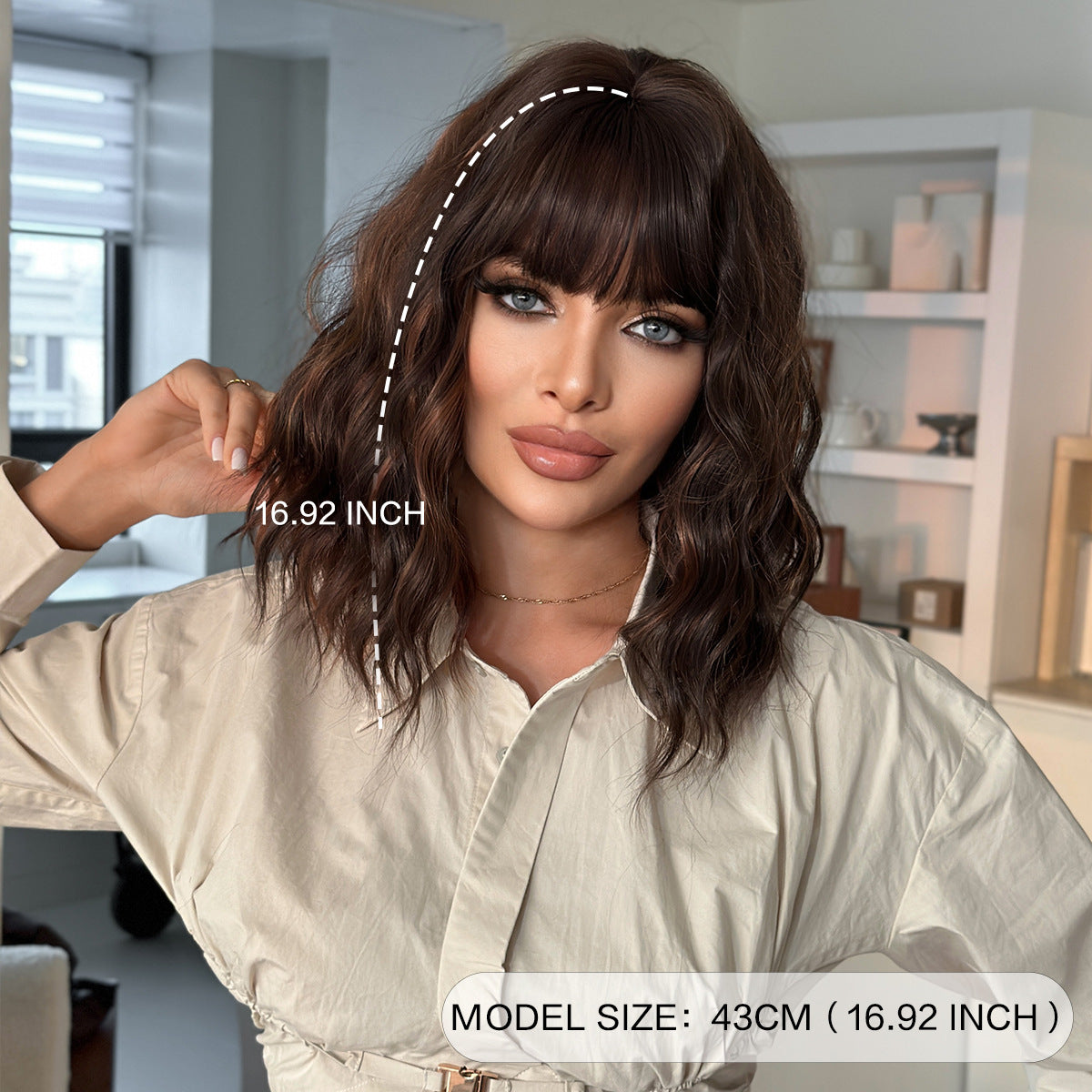 Gray Dark Brown Retro Bob Wig - Vintage Collection (Collarbone Curly Bangs) (FEVERCOS)