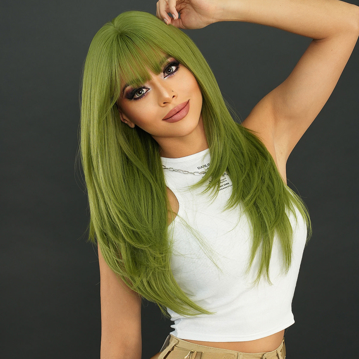 Dark Slate Gray Vanilla Green Long Straight Wig - Holiday Collection (High Layered) (FEVERCOS)