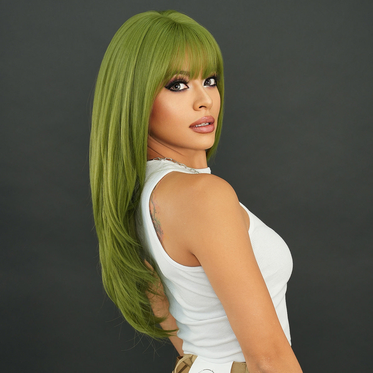 Dark Slate Gray Vanilla Green Long Straight Wig - Holiday Collection (High Layered) (FEVERCOS)