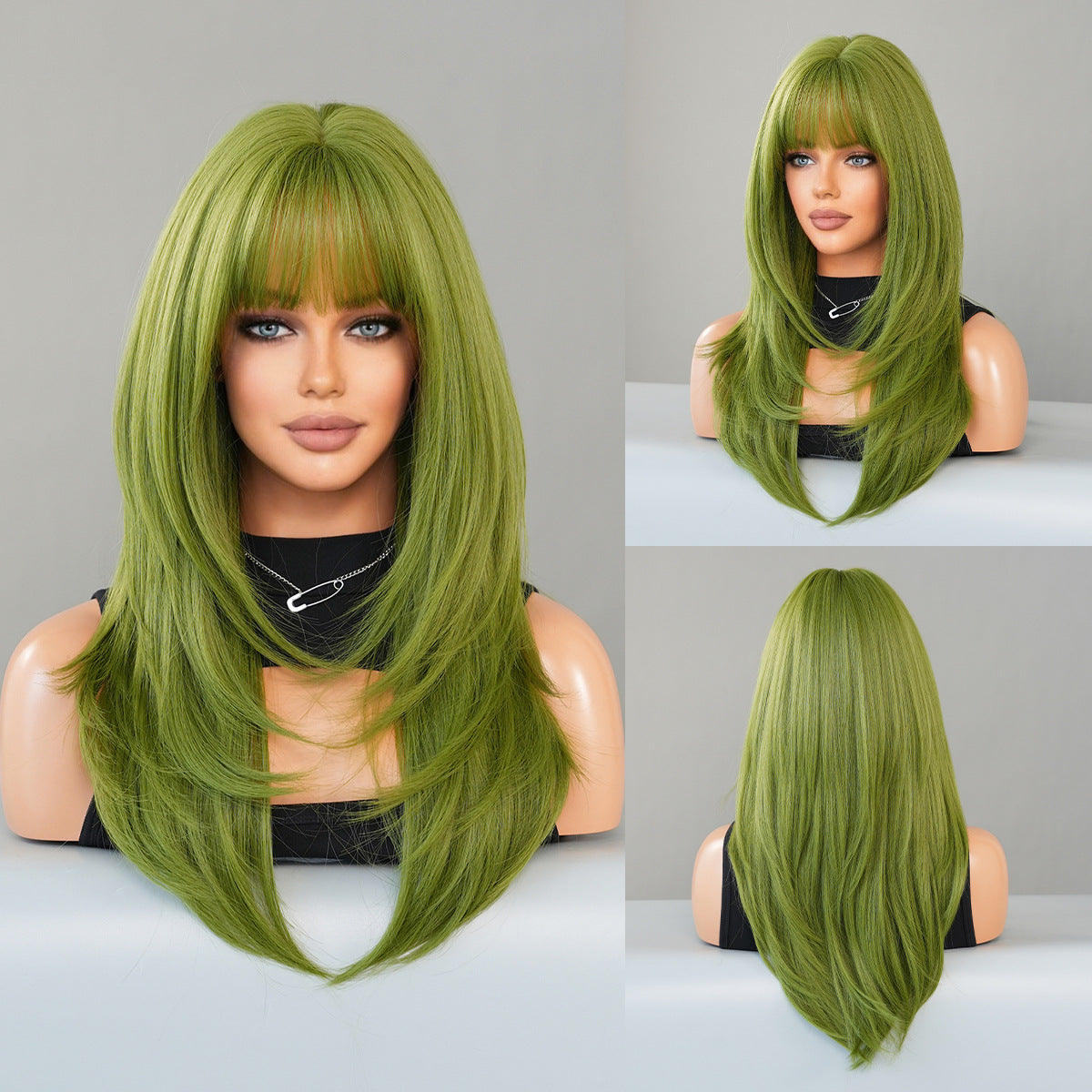 Gray Vanilla Green Long Straight Wig - Holiday Collection (High Layered) (FEVERCOS)