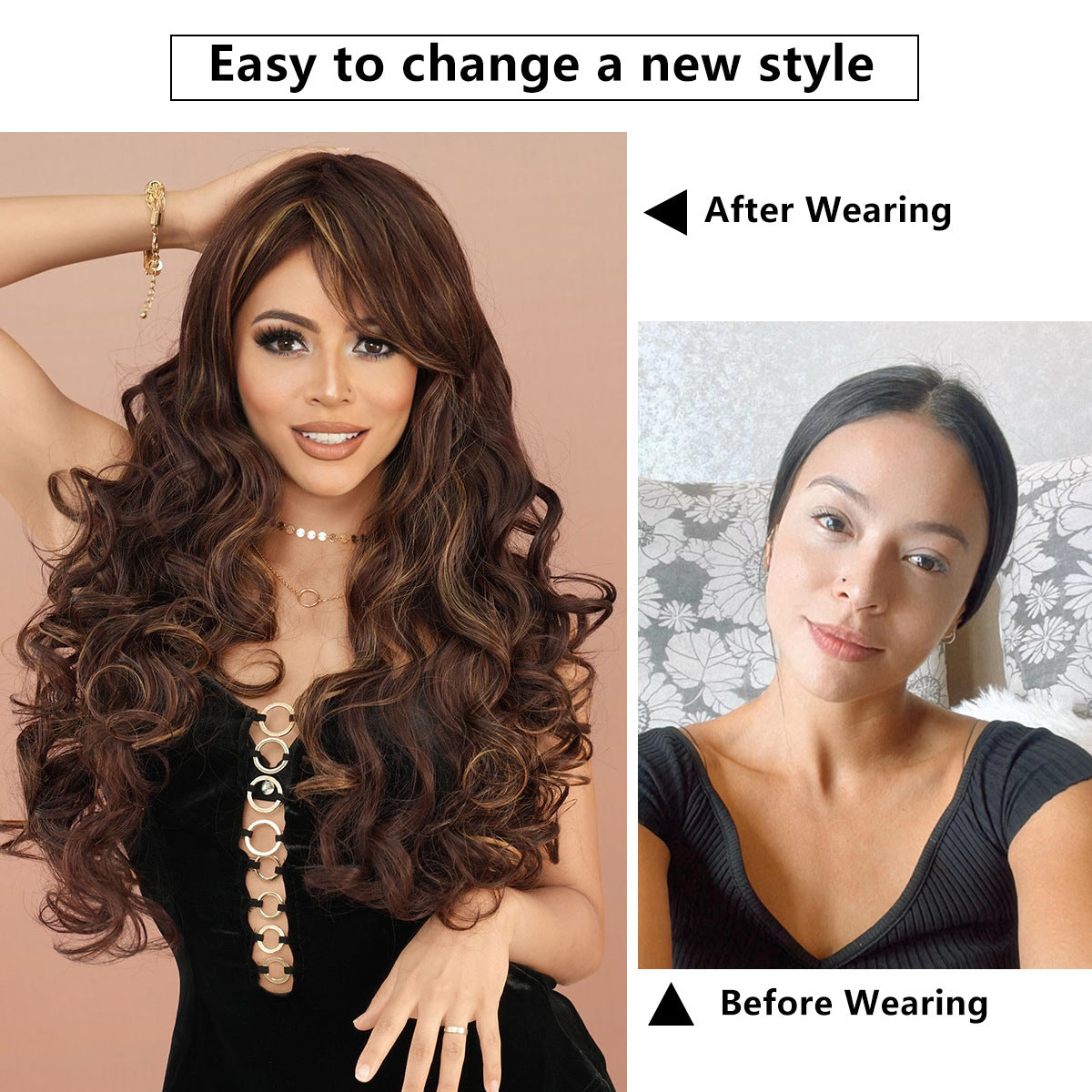 White Smoke Red Brown Gold Highlight Wavy Wig - Everyday Fashion (Side Bangs) (FEVERCOS)