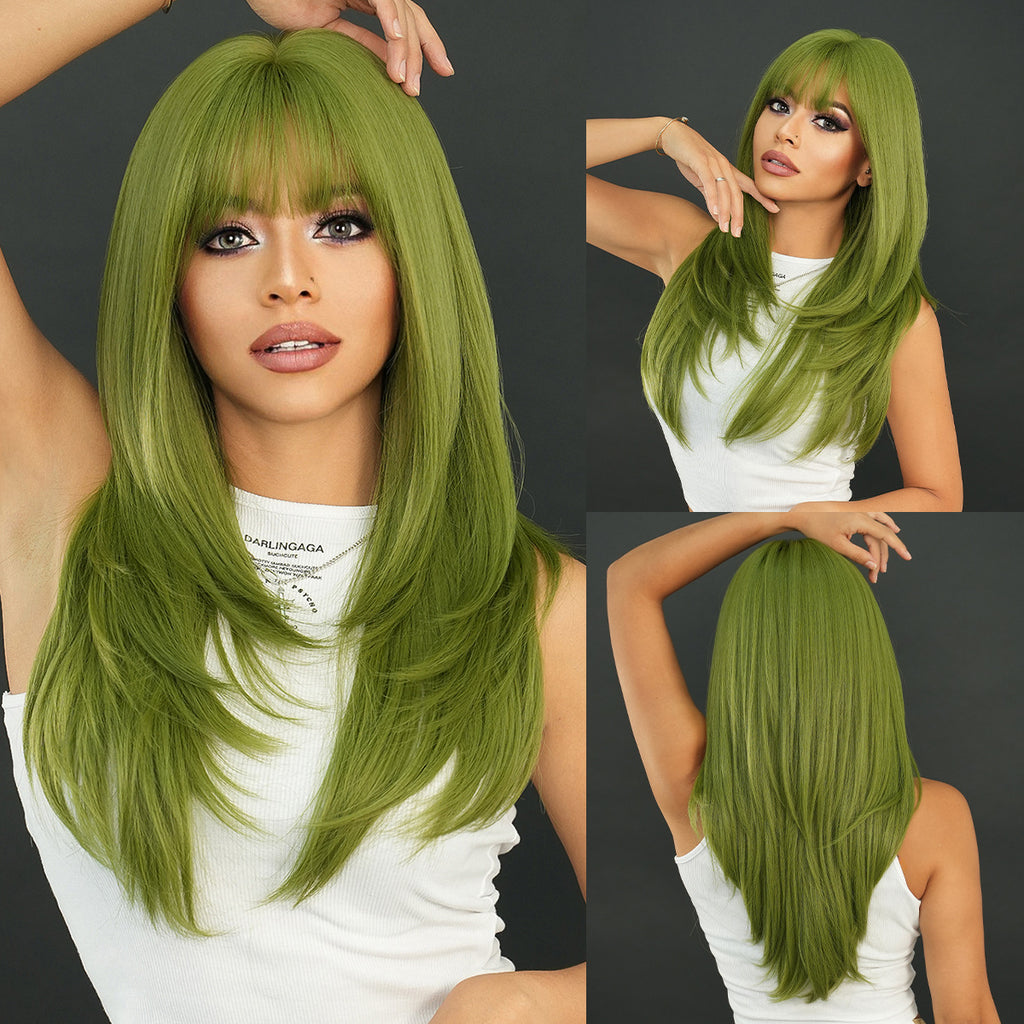 Dark Slate Gray Vanilla Green Long Straight Wig - Holiday Collection (High Layered) (FEVERCOS)