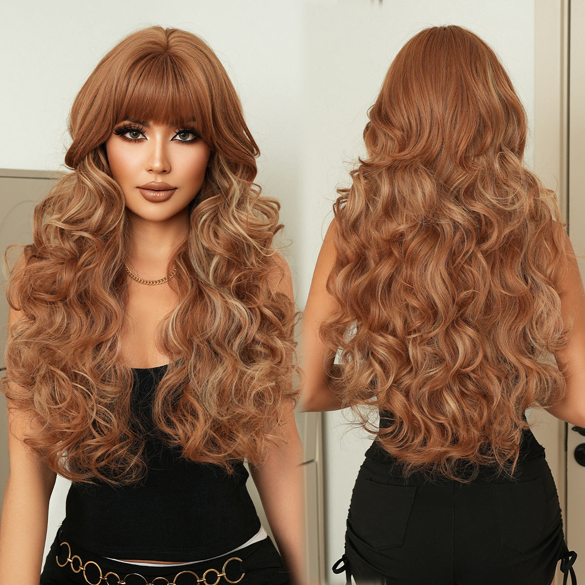 Sienna Pink Gold Long Wavy Wig - Lolita Fashion (Voluminous Bangs) (FEVERCOS)