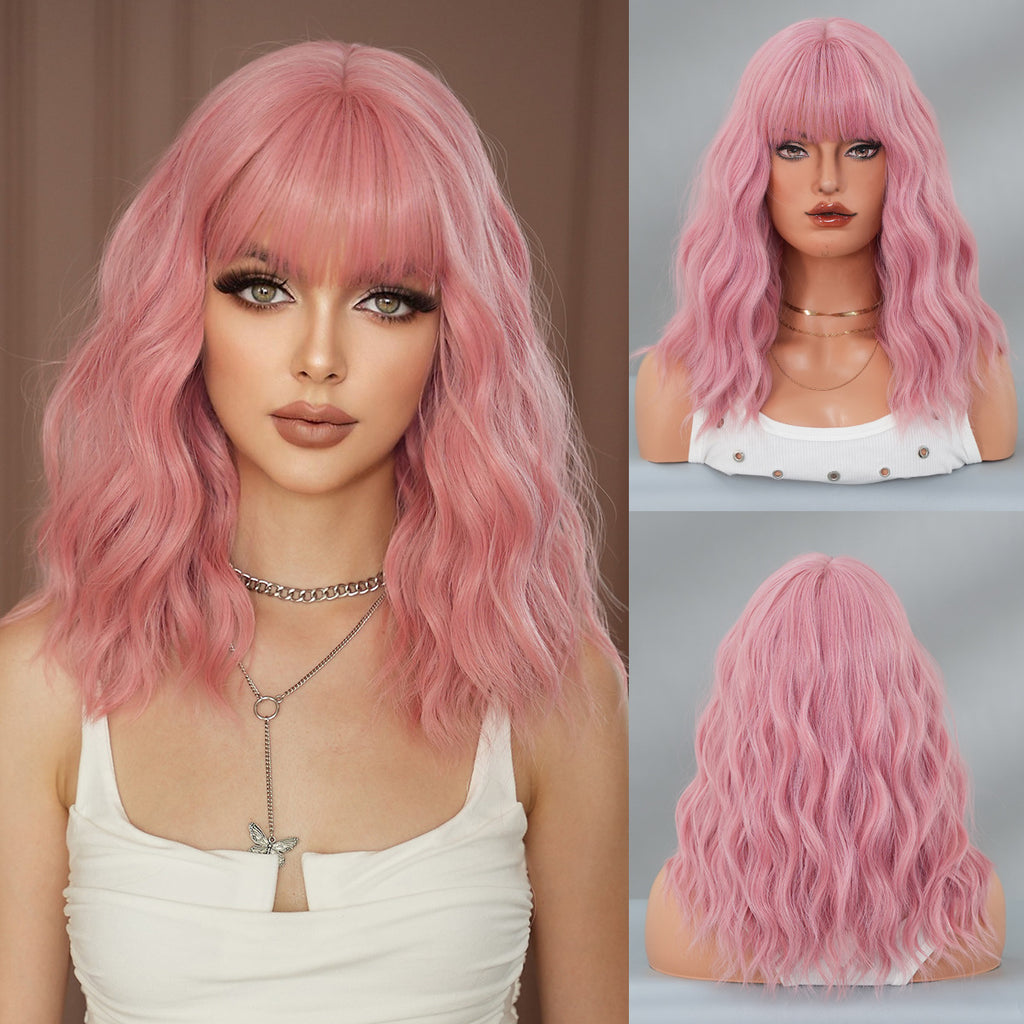 Dim Gray Pink Water Wave Shoulder Wig - Subculture Fashion (Sweet Bob) (FEVERCOS)