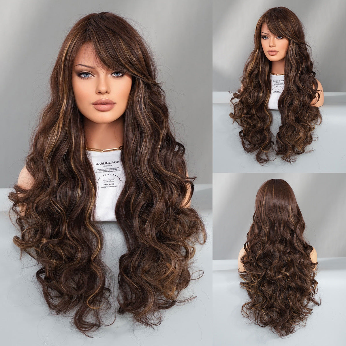 Dark Gray Red Brown Gold Highlight Wavy Wig - Everyday Fashion (Side Bangs) (FEVERCOS)
