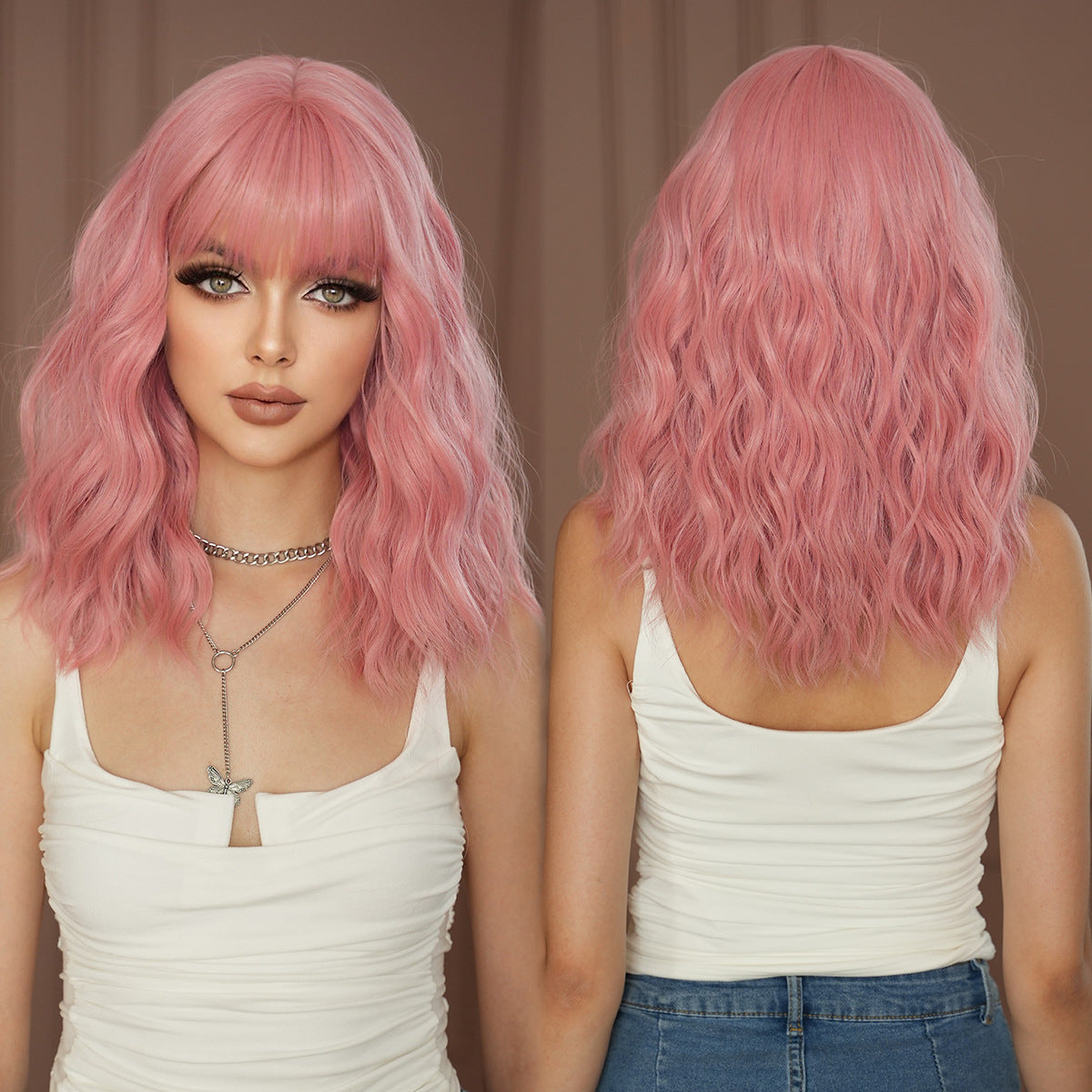Light Gray Pink Water Wave Shoulder Wig - Subculture Fashion (Sweet Bob) (FEVERCOS)