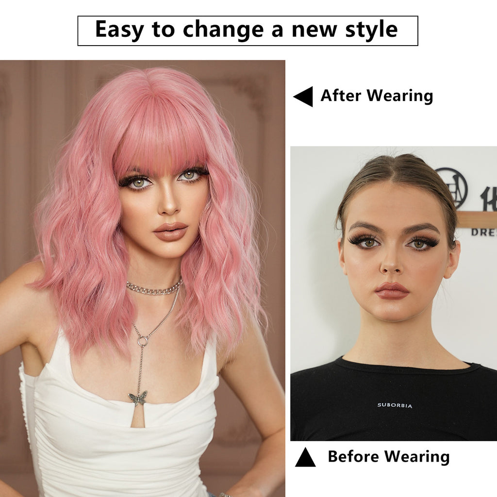 White Smoke Pink Water Wave Shoulder Wig - Subculture Fashion (Sweet Bob) (FEVERCOS)