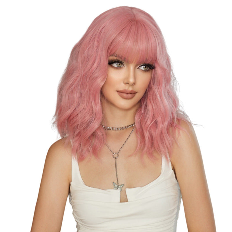 White Smoke Pink Water Wave Shoulder Wig - Subculture Fashion (Sweet Bob) (FEVERCOS)