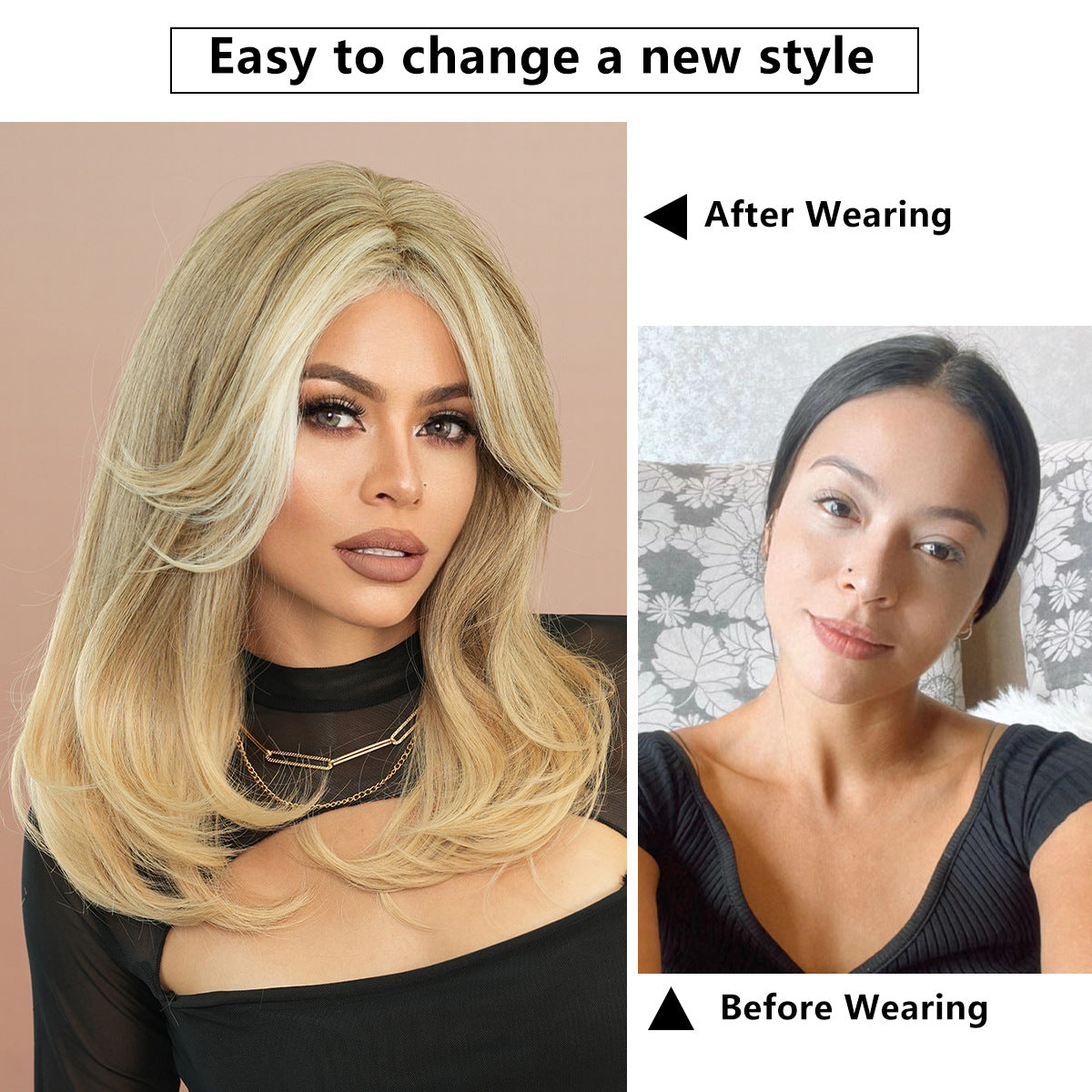 White Smoke Flaxen Blonde Layered Wavy Wig - Everyday Fashion (Curtain Bangs) (FEVERCOS)