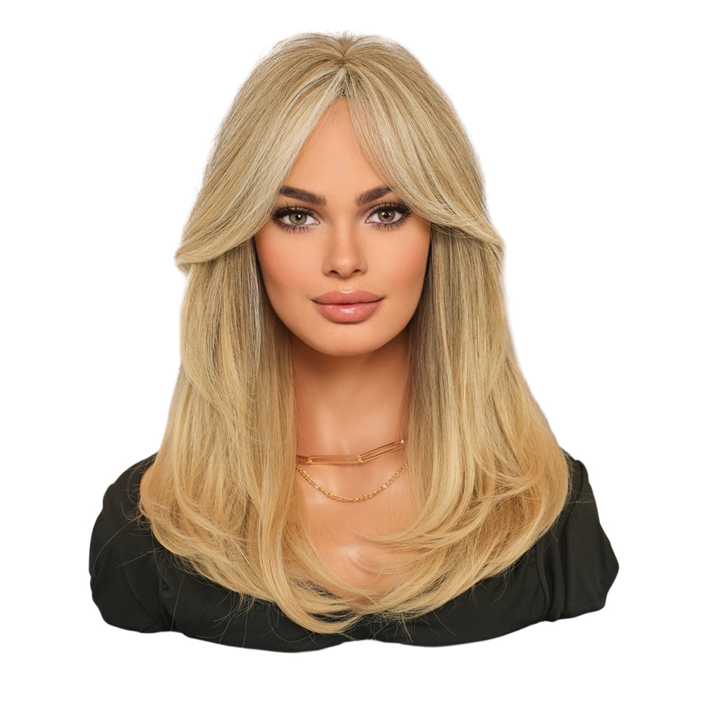 White Smoke Flaxen Blonde Layered Wavy Wig - Everyday Fashion (Curtain Bangs) (FEVERCOS)