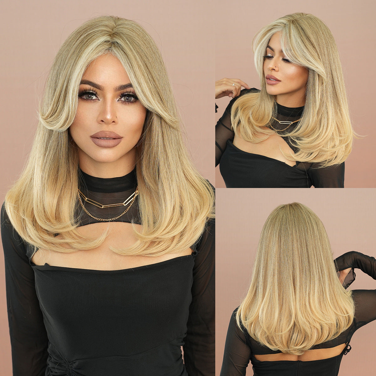 Tan Flaxen Blonde Layered Wavy Wig - Everyday Fashion (Curtain Bangs) (FEVERCOS)
