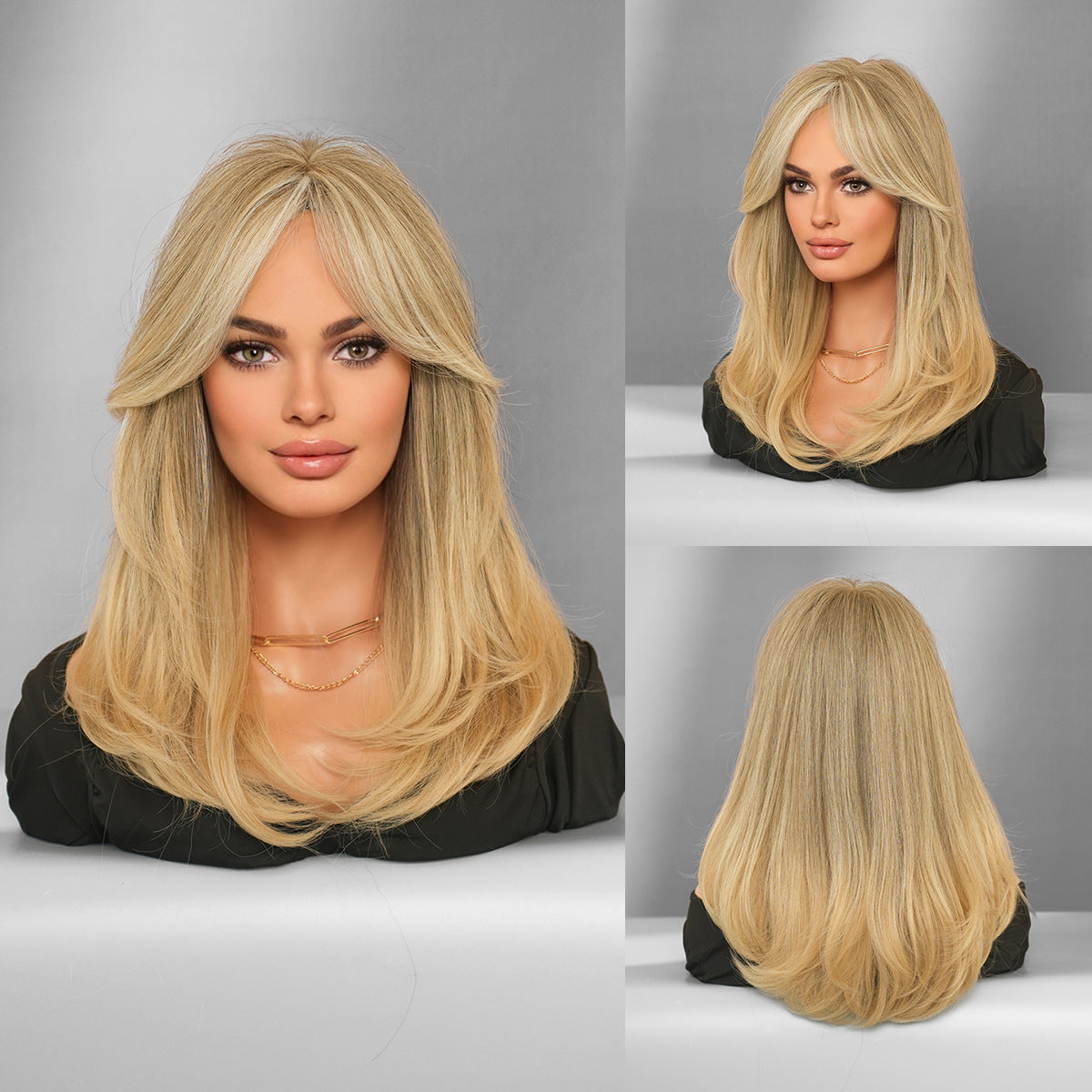 Gray Flaxen Blonde Layered Wavy Wig - Everyday Fashion (Curtain Bangs) (FEVERCOS)