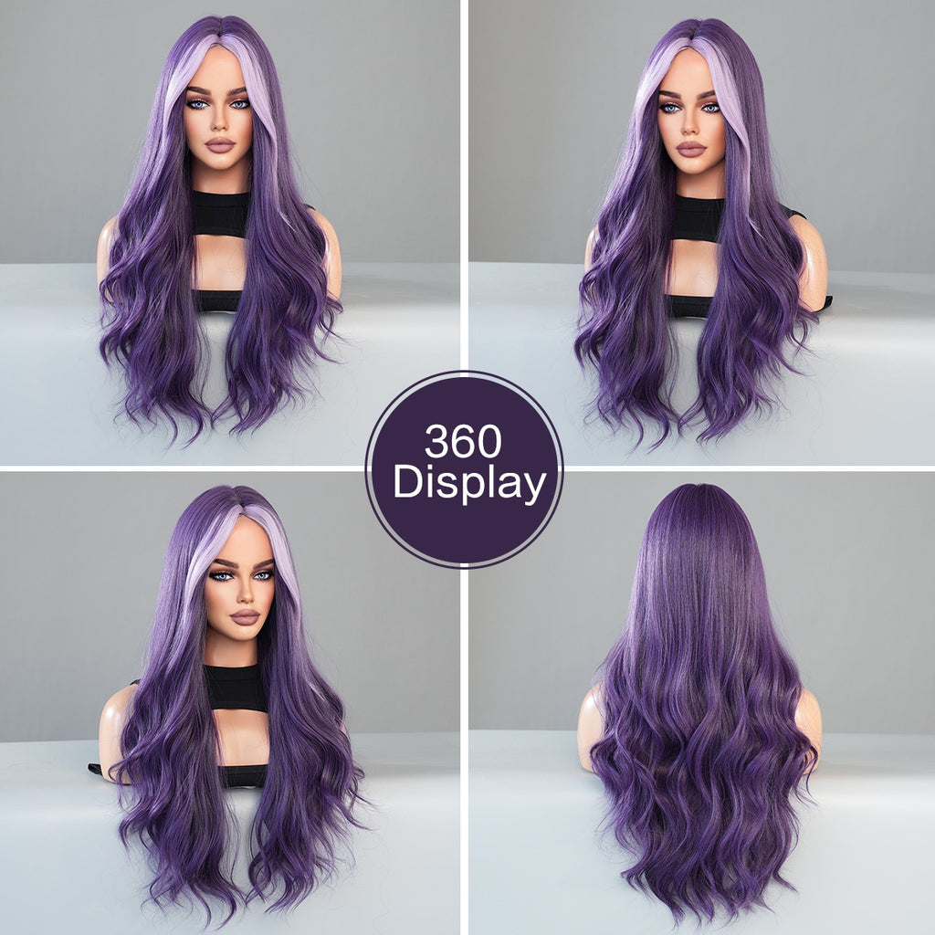 Dark Gray Roland Purple Highlight Wavy Wig - Urban Fashion (Long Curls) (FEVERCOS)