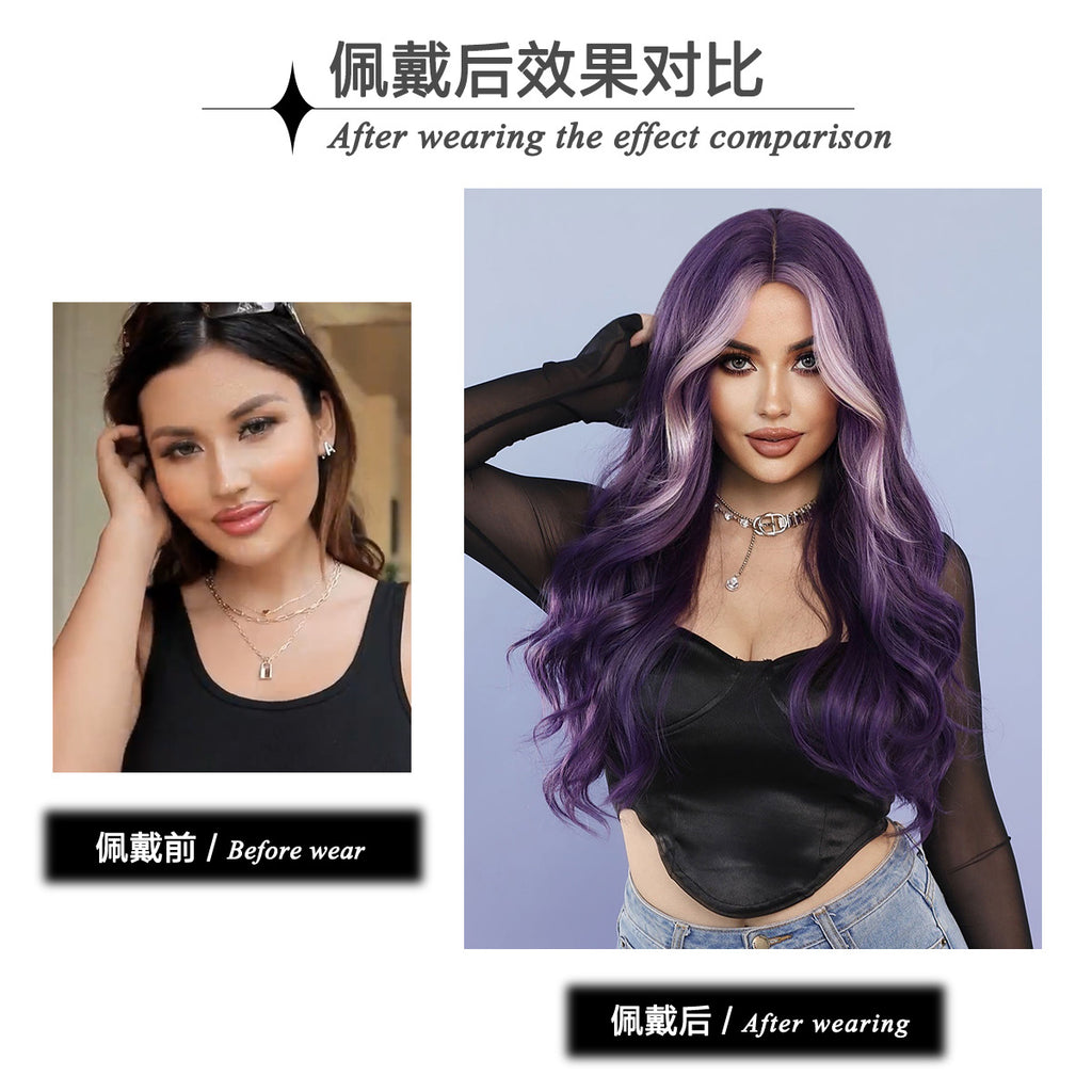 White Smoke Roland Purple Highlight Wavy Wig - Urban Fashion (Long Curls) (FEVERCOS)