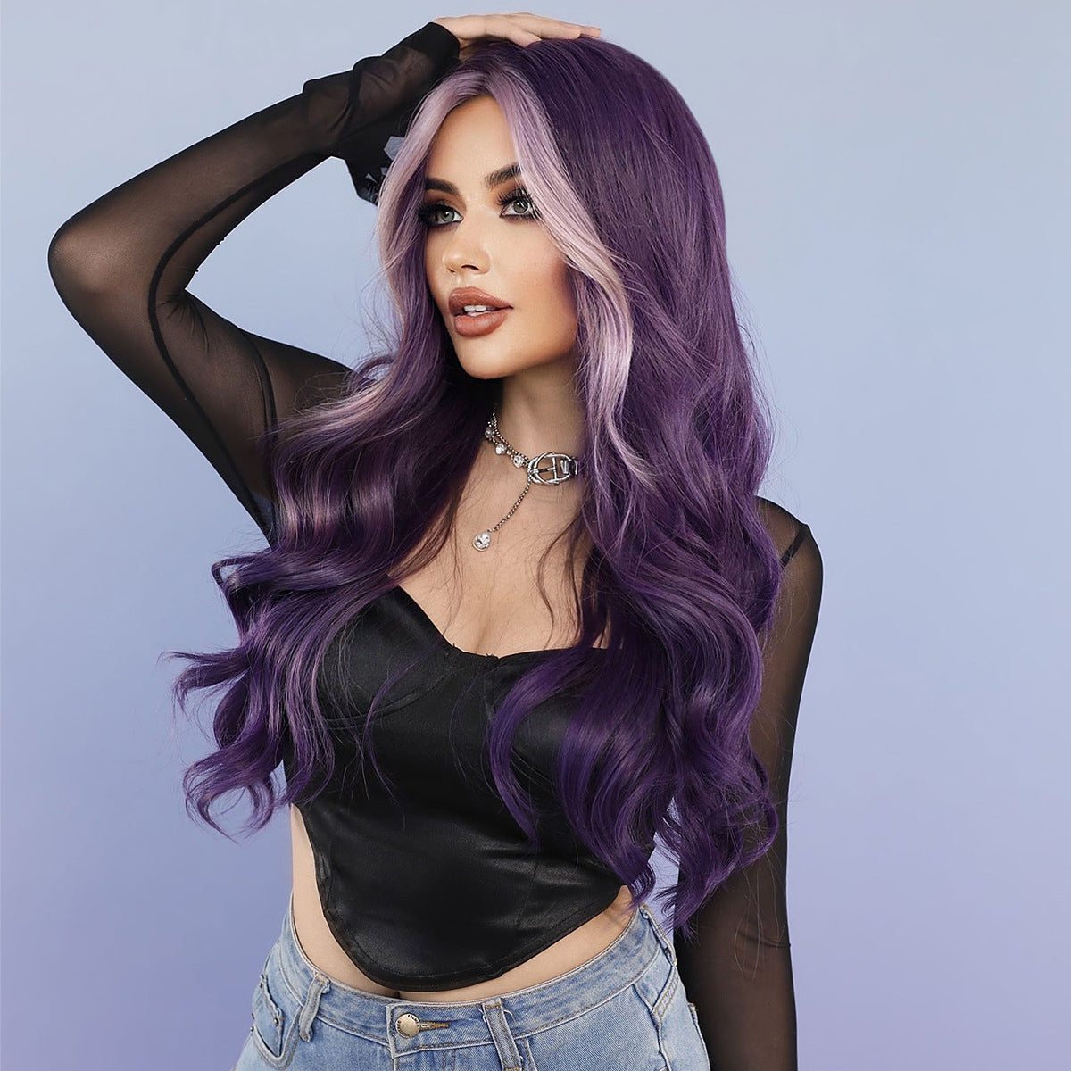 Light Steel Blue Roland Purple Highlight Wavy Wig - Urban Fashion (Long Curls) (FEVERCOS)
