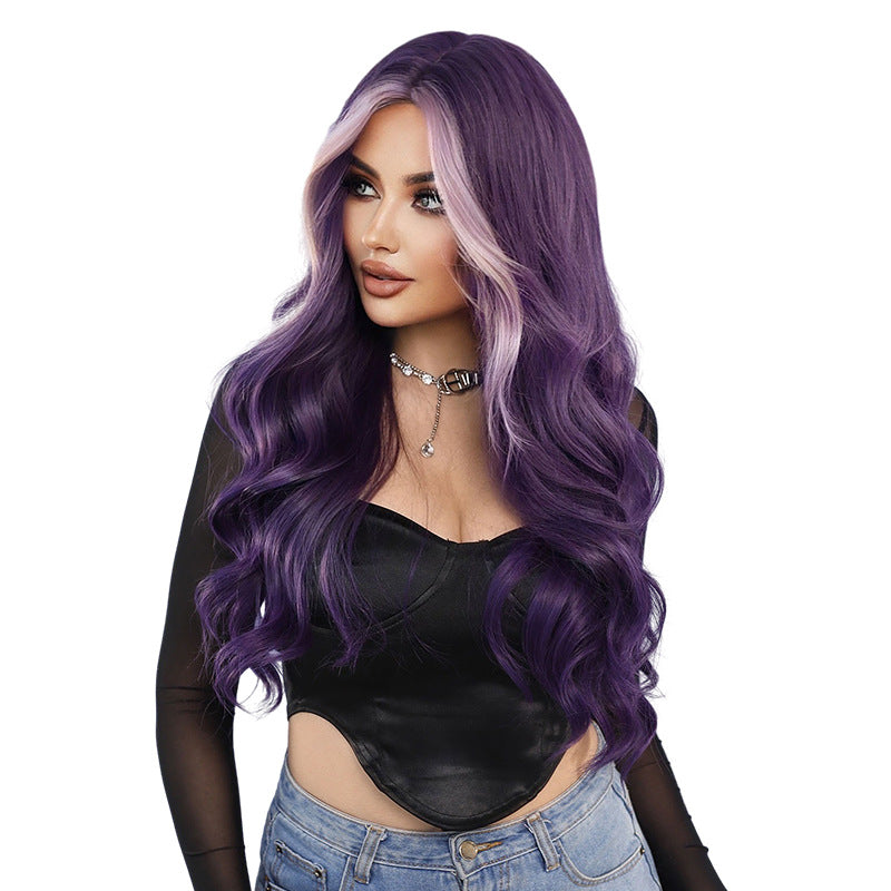 White Smoke Roland Purple Highlight Wavy Wig - Urban Fashion (Long Curls) (FEVERCOS)