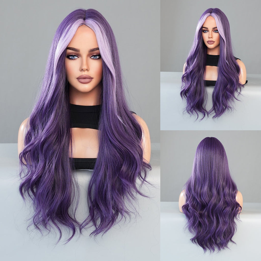 Dark Gray Roland Purple Highlight Wavy Wig - Urban Fashion (Long Curls) (FEVERCOS)