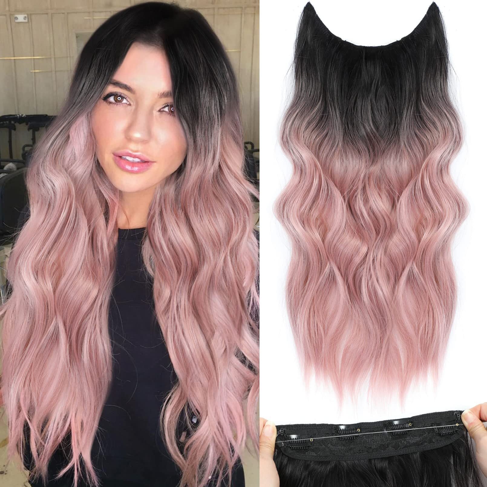 White Smoke Water Wave Halo Hair Extension - Secret Length Collection (Invisible Wire) (FEVERCOS)