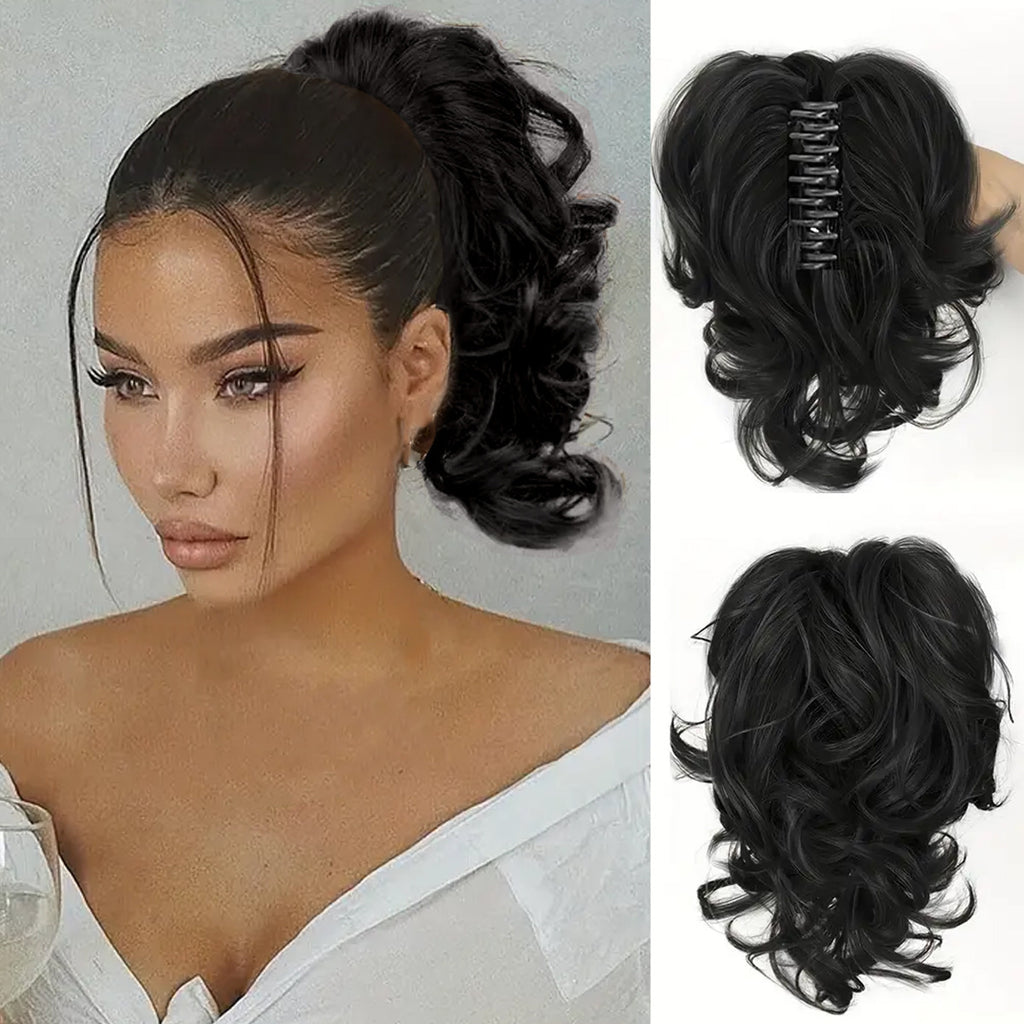 Black Short Wavy Claw Clip Ponytail - Weekend Casual (Fluffy Big Waves) (FEVERCOS) Hair Extension