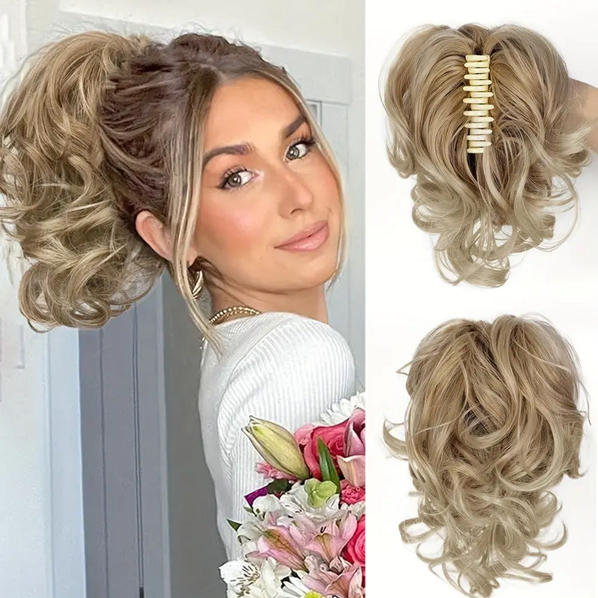 White Smoke Short Wavy Claw Clip Ponytail - Weekend Casual (Fluffy Big Waves) (FEVERCOS) Hair Extension