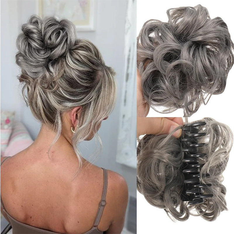 White Smoke Messy Bun Scrunchie Chignon - Lazy Elegance (Wavy Updo Hair Ring) (FEVERCOS) Hair Extension