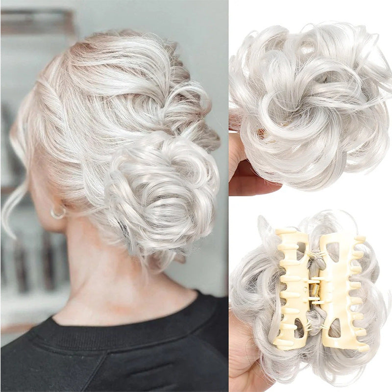 White Smoke Messy Bun Scrunchie Chignon - Lazy Elegance (Wavy Updo Hair Ring) (FEVERCOS) Hair Extension