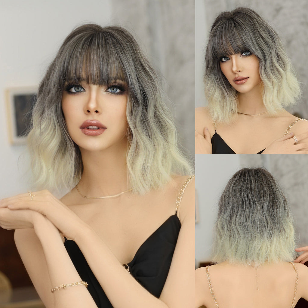 Tan Silver White Balayage Short Wavy Wig - Urban Subculture (Gradient Bangs) (FEVERCOS)