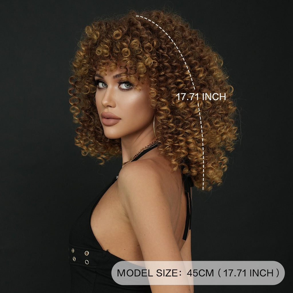 Black Honey Golden Brown Spring Curl Wig - Street Fashion (Short Afro Bangs) (FEVERCOS)