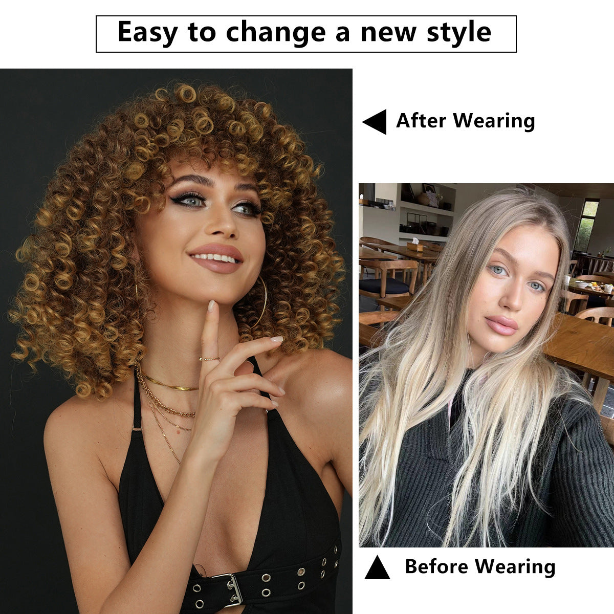 White Smoke Honey Golden Brown Spring Curl Wig - Street Fashion (Short Afro Bangs) (FEVERCOS)