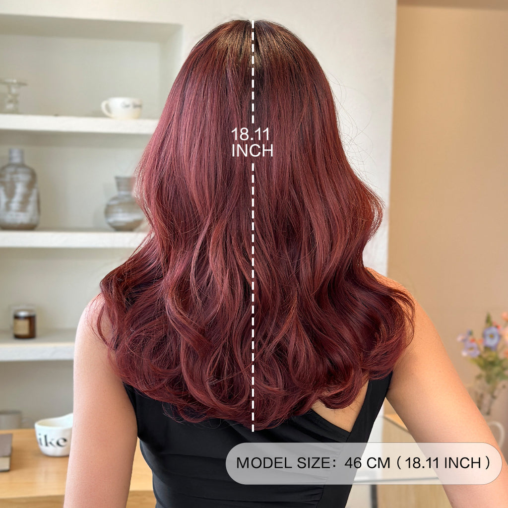 Tan Wine Red Shoulder-Length Curly Wig - Everyday Fashion (Curtain Bangs) (FEVERCOS)