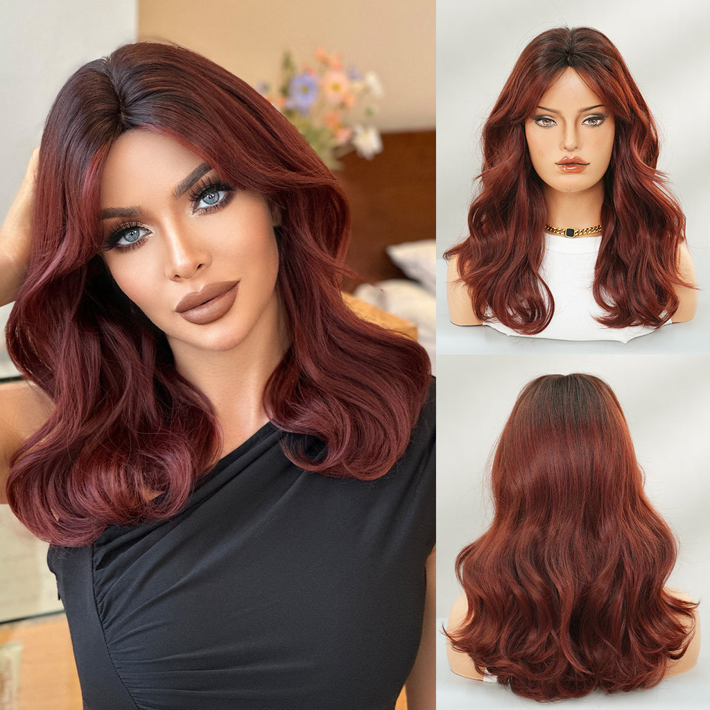 Dark Slate Gray Wine Red Shoulder-Length Curly Wig - Everyday Fashion (Curtain Bangs) (FEVERCOS)