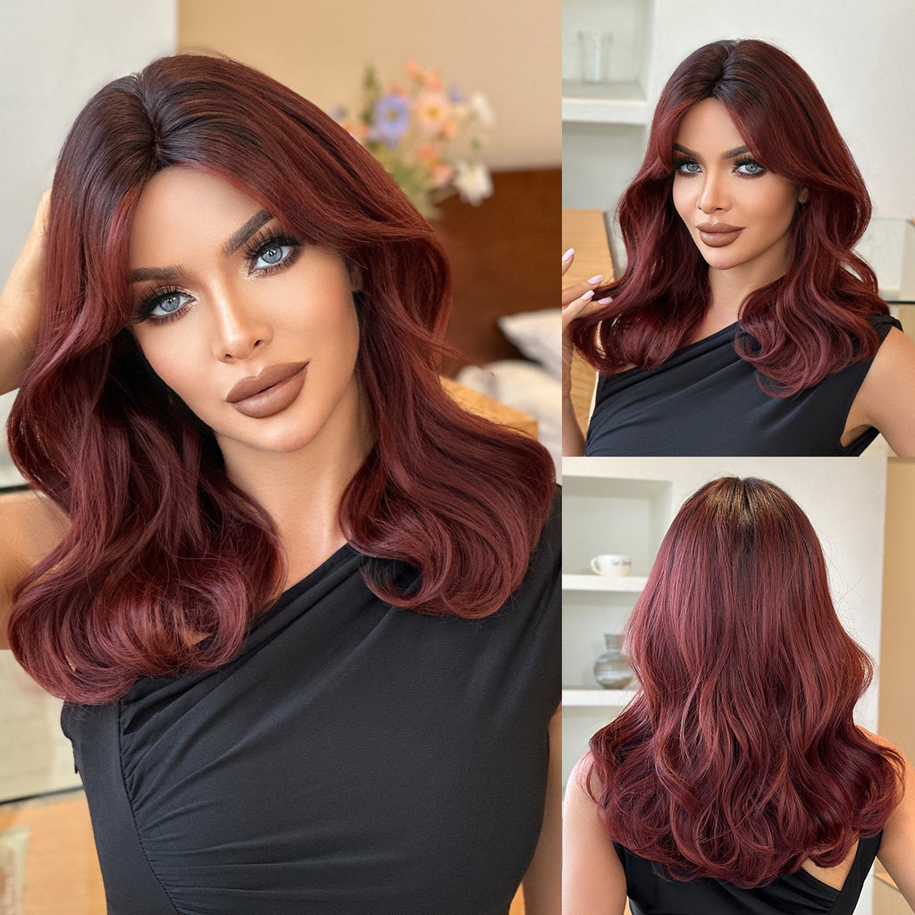 Dark Slate Gray Wine Red Shoulder-Length Curly Wig - Everyday Fashion (Curtain Bangs) (FEVERCOS)