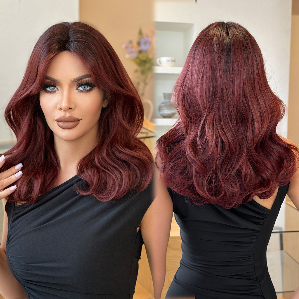 Black Wine Red Shoulder-Length Curly Wig - Everyday Fashion (Curtain Bangs) (FEVERCOS)