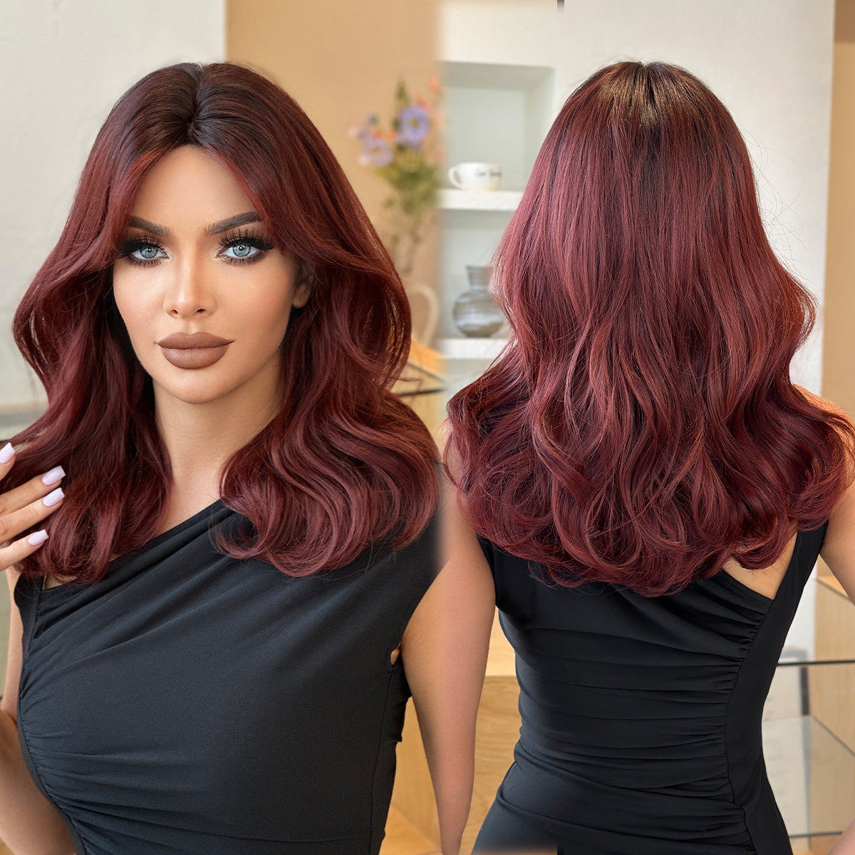 Black Wine Red Shoulder-Length Curly Wig - Everyday Fashion (Curtain Bangs) (FEVERCOS)