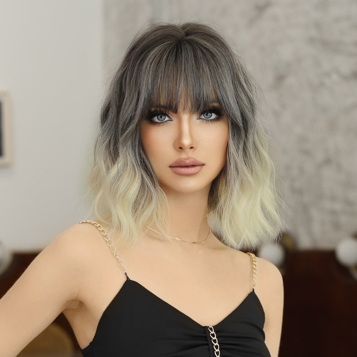 Dark Gray Silver White Balayage Short Wavy Wig - Urban Subculture (Gradient Bangs) (FEVERCOS)