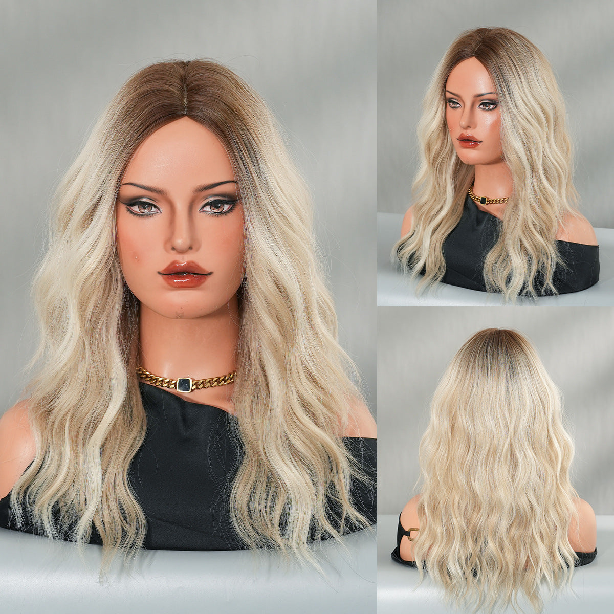 Dark Gray Coconut Blonde Gradient Water Wave Wig - Beach Collection (Shoulder Length) (FEVERCOS)