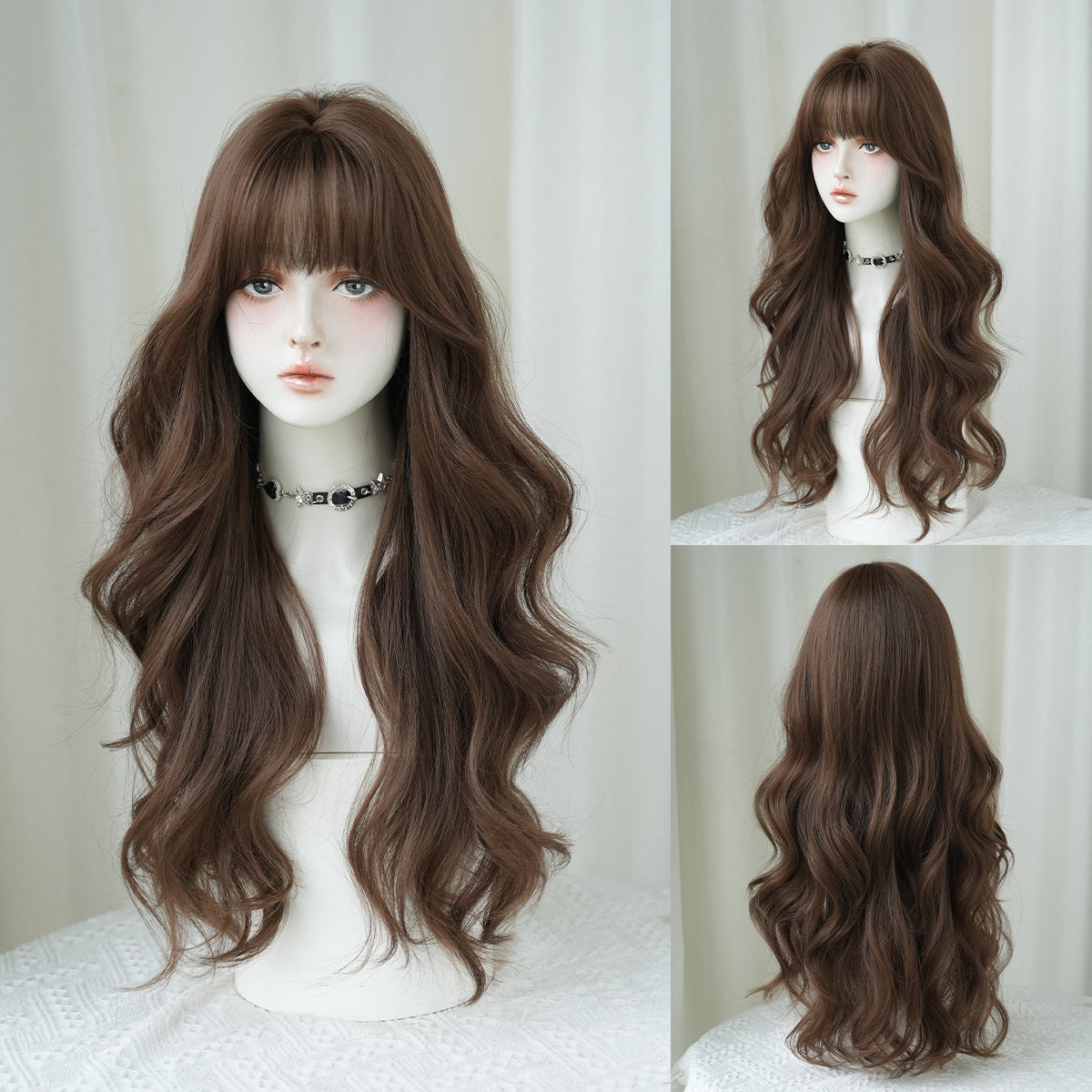 Gray Honey Brown Long Wavy Wig - Everyday Fashion (Fluffy Bangs) (FEVERCOS)
