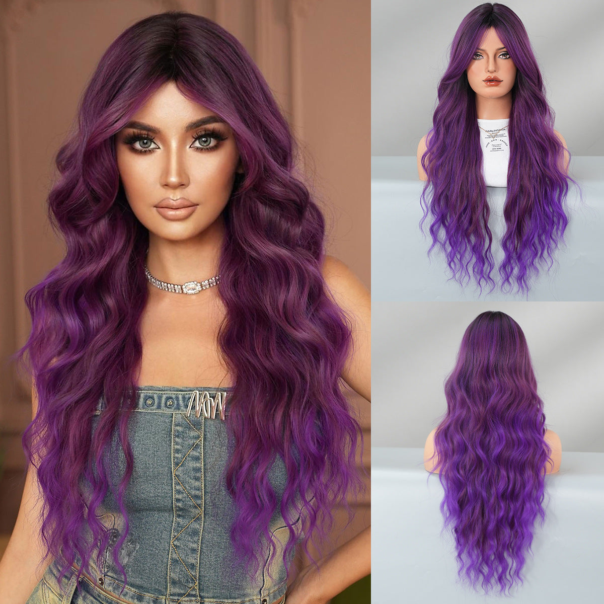 Gray Monet Purple Gradient Wavy Wig - Artistic Collection (Curtain Bangs) (FEVERCOS)