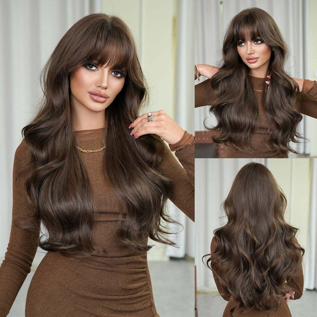 Dark Slate Gray Honey Brown Long Wavy Wig - Everyday Fashion (Fluffy Bangs) (FEVERCOS)