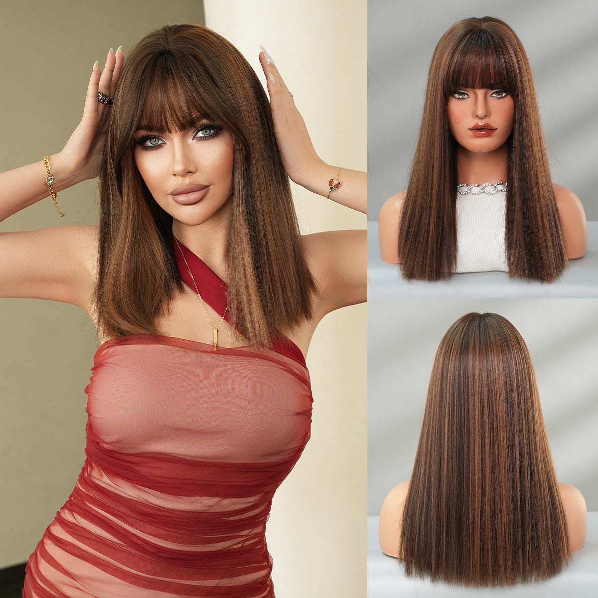 Rosy Brown Flaxen Coffee Brown Highlight Wig - Everyday Fashion (Shoulder Straight) (FEVERCOS)