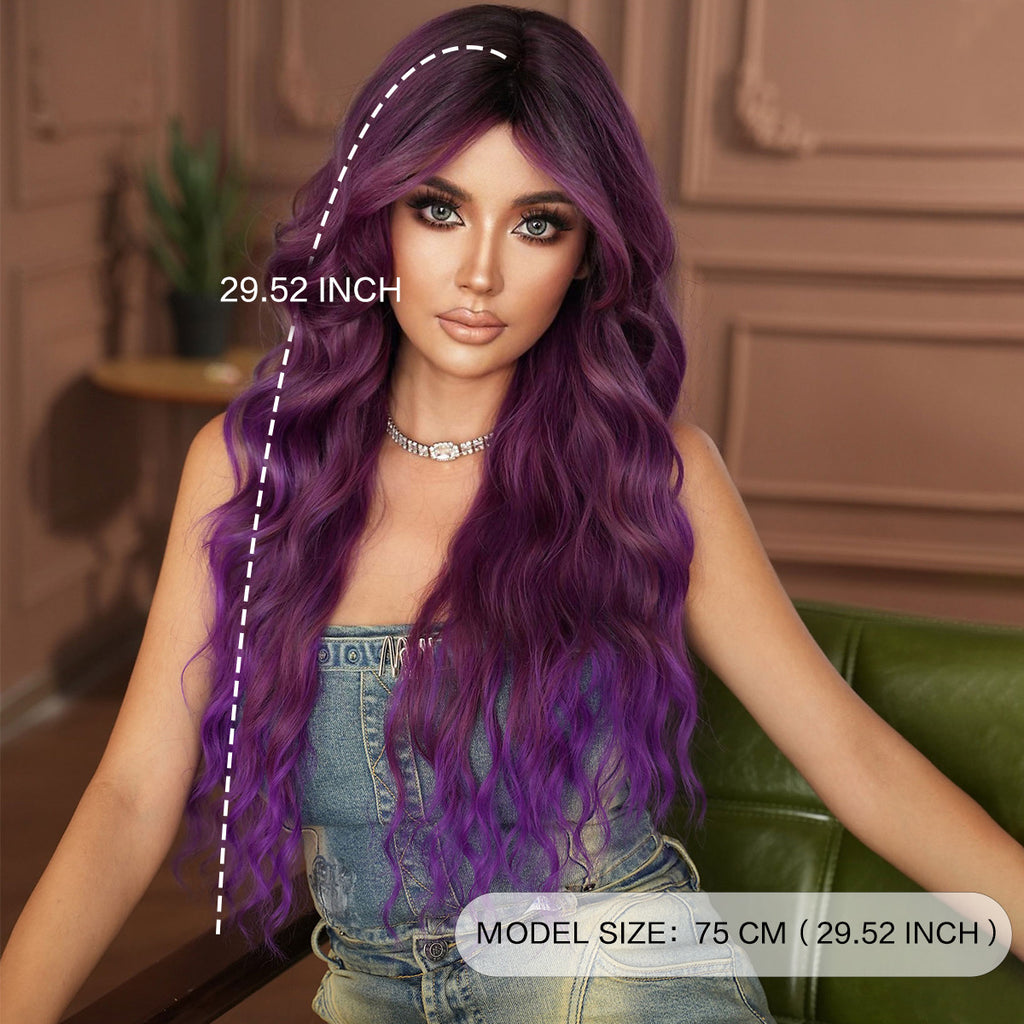 Sienna Monet Purple Gradient Wavy Wig - Artistic Collection (Curtain Bangs) (FEVERCOS)