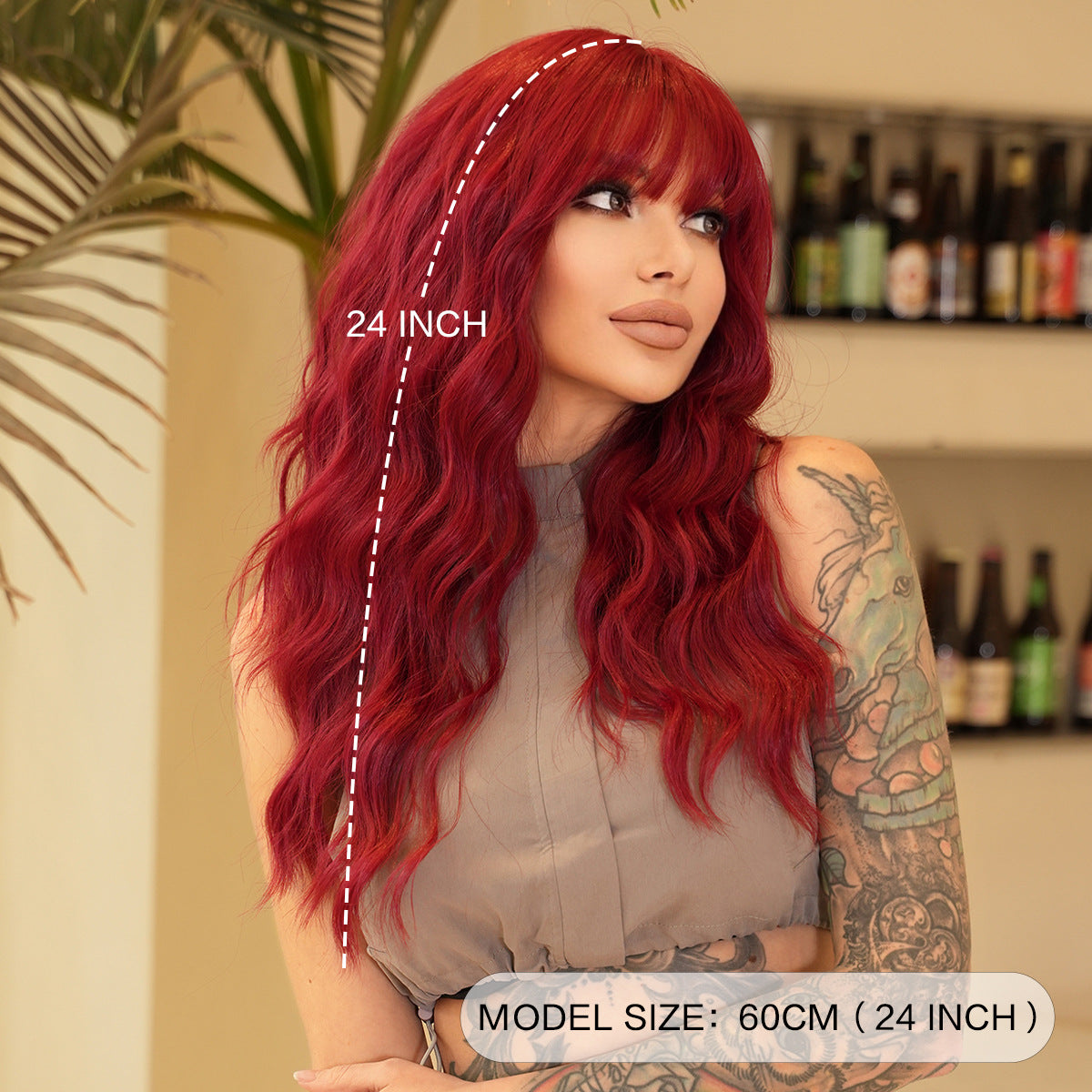 Pale Goldenrod Seductive Red Wool Curl Wig - Street Fashion (Long Waves Bangs) (FEVERCOS)