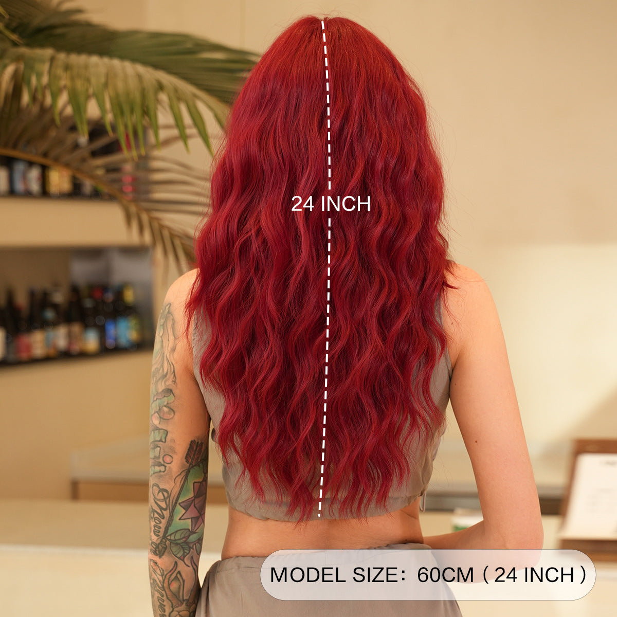 Tan Seductive Red Wool Curl Wig - Street Fashion (Long Waves Bangs) (FEVERCOS)