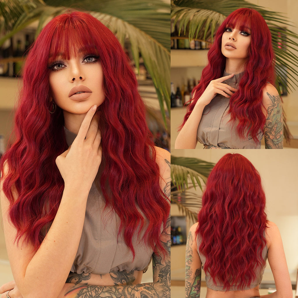 Dark Red Seductive Red Wool Curl Wig - Street Fashion (Long Waves Bangs) (FEVERCOS)