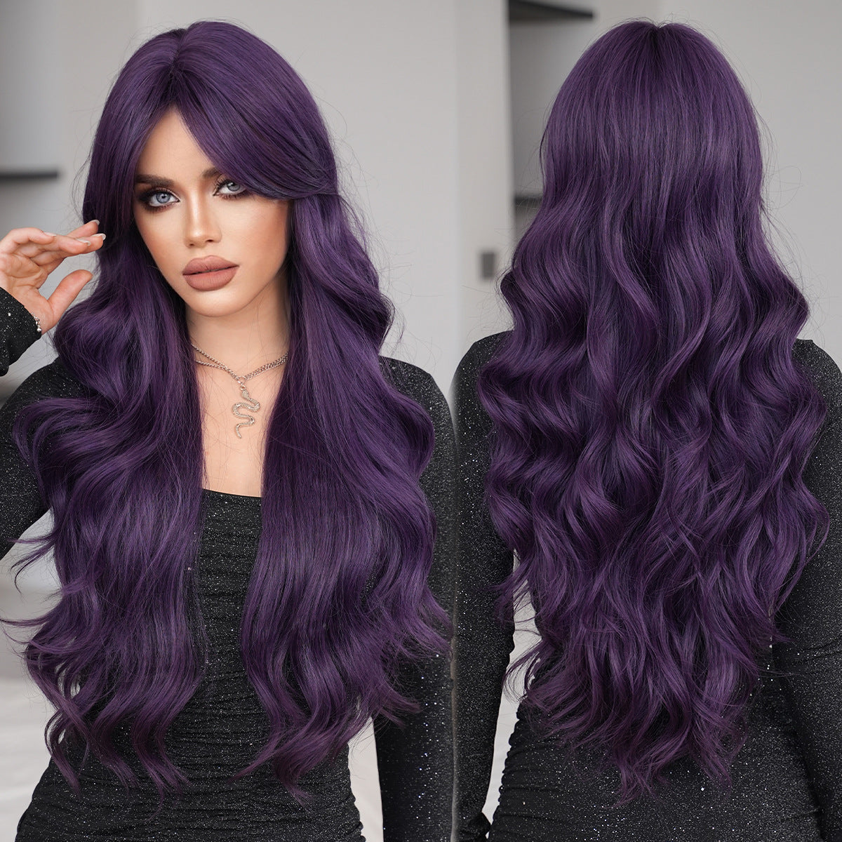 Dark Slate Gray Anemone Purple Long Wavy Wig - Subculture Fashion (Fluffy Volume Lolita) (FEVERCOS)